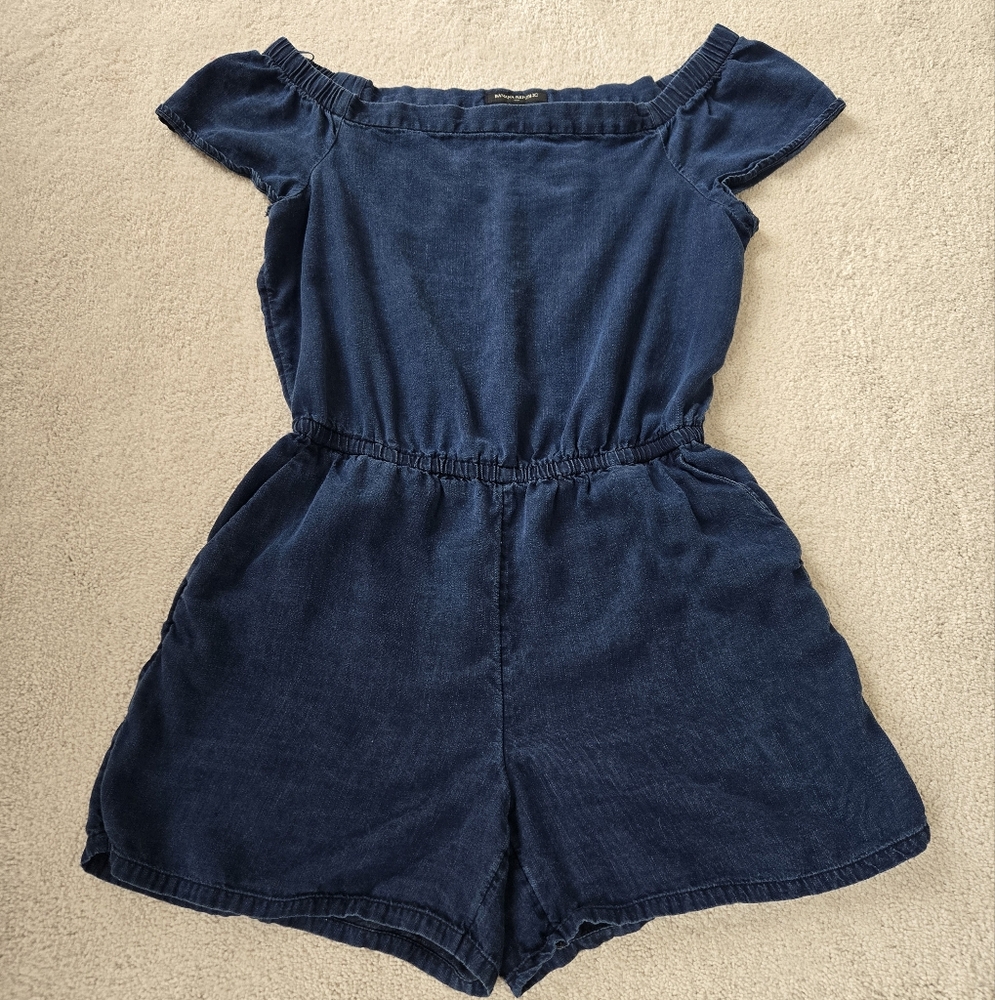 Banana Republic | Dark Blue Denim Off-Shpulder Romper With Pockets Women's MED